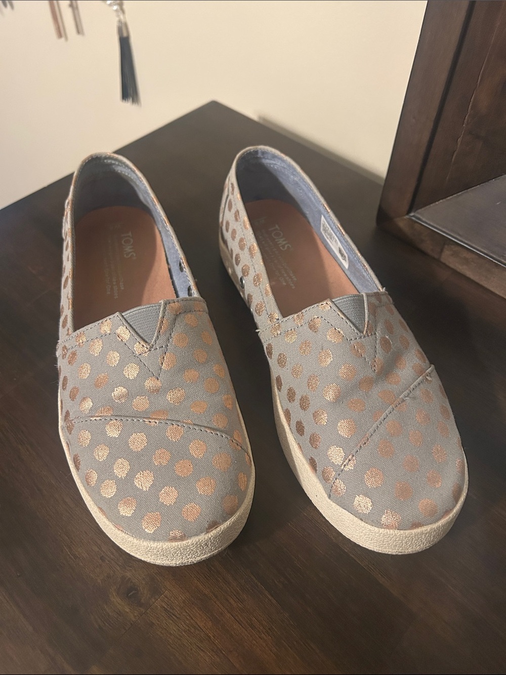 TOMS Women's Gray Slip-On Moccasins with Metallic Rose Gold Polka Dots